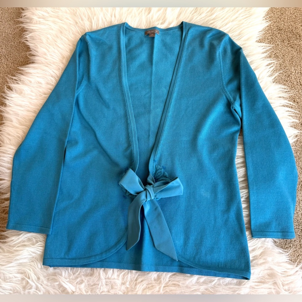 Ann Taylor Teal Blue Bow Front Tie Cardigan Size XS